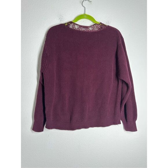 H&M Women’s Burgundy Cotton Knit Sweater Lace Trim Vneck Size XS Oversized - Picture 4 of 8